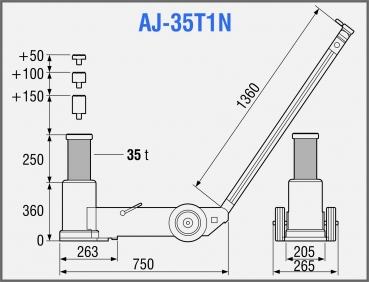 Preview: TDL AJ-35T1N 1-stufiger lufthydraulischer Heber Tragkraft: 35.000 kg Inkl. 3 Adapterstücke